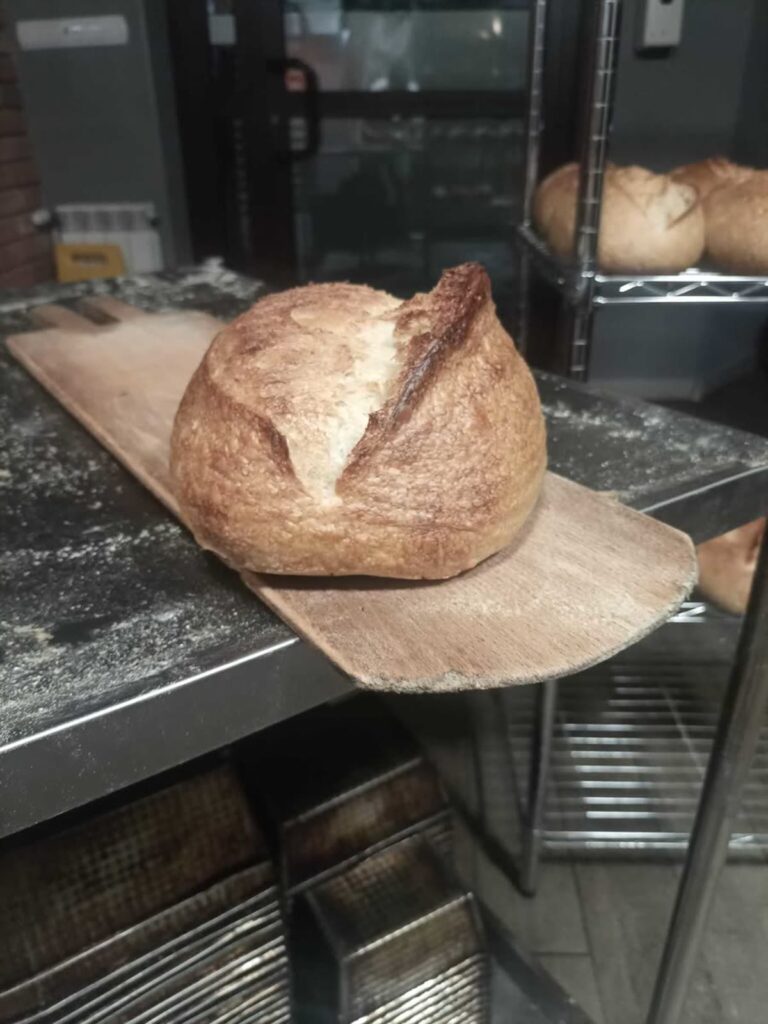 Bochenek chleba na zakwasie na drewnianej łopacie piekarskiej